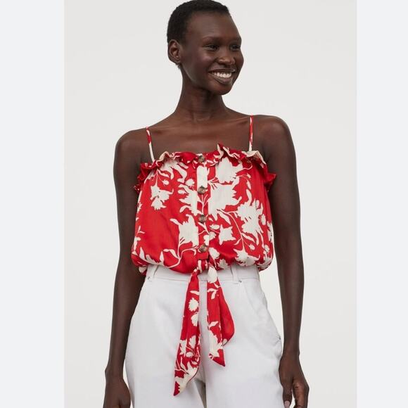 Johanna Ortiz x H&M red floral satin spaghetti strap button up waist tie top M - Picture 1 of 8